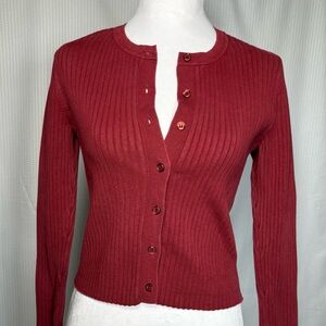 Reformation Ribbed Button-Front Cardigan in Deep Burgundy